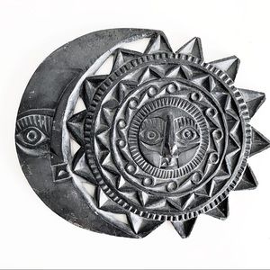 VTG Black Stone Carved Moon Sun Wall Decor Boho